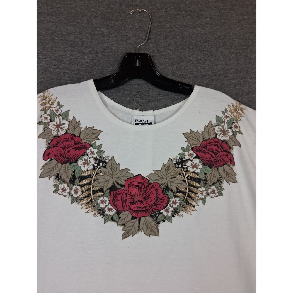 VTG Basic Editions Womens Shirt 1X White Floral USA Made Casual Botanical Coast